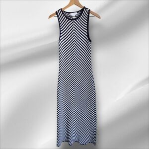 LHOUSE OF HARLOW 1960 Navy Blue and White Crochet Knit Chevron Maxi Dress